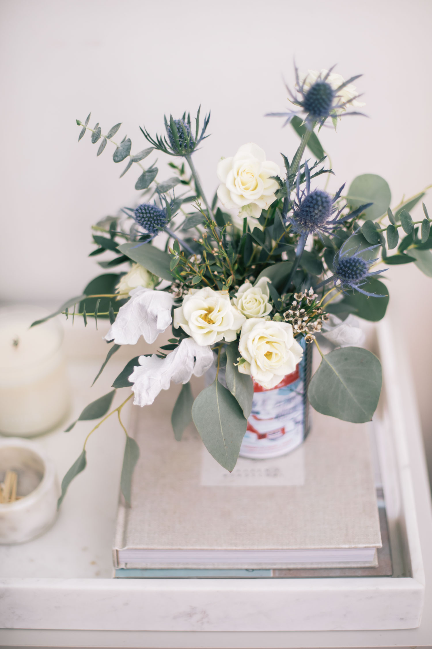 DIY WINTER FLORAL ARRANGEMENT IN A REPURPOSED TIN CAN, The Blondielocks
